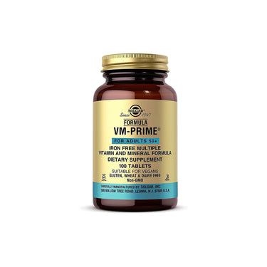 A bottle of Solgar Formula VM-Prime 60 tablets 50+ on a white background.